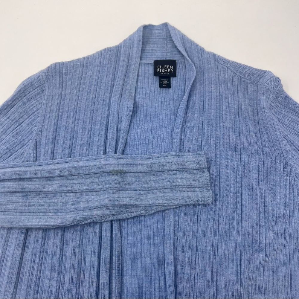 Eileen Fisher Cardigan Sweater Womens PM Blue Merino Wool Ribbed Open Front - Picture 4 of 10